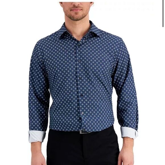 New Alfani Men's Slim Fit 4-Way Geo-Print Dress Shirt Navy White NECK 15-15½ - Picture 2 of 8